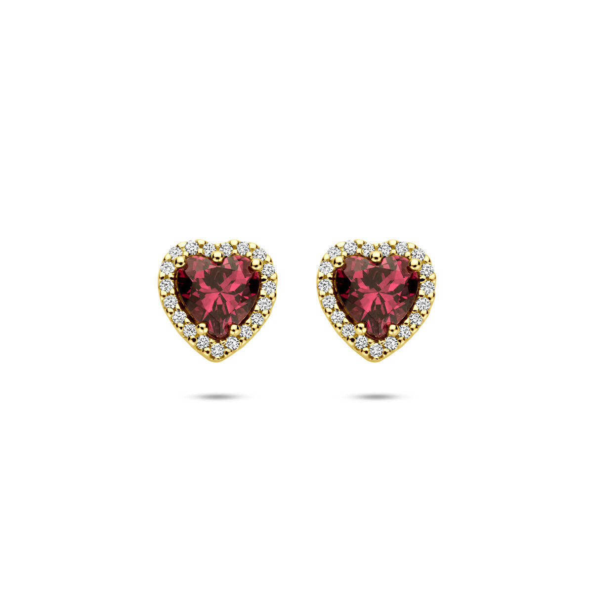 Fantasy Collection Oorbellen hartje roze rhodoliet en diamant 0.10ct (2x 0.05ct) h si 7,5 mm 14K geelgoud