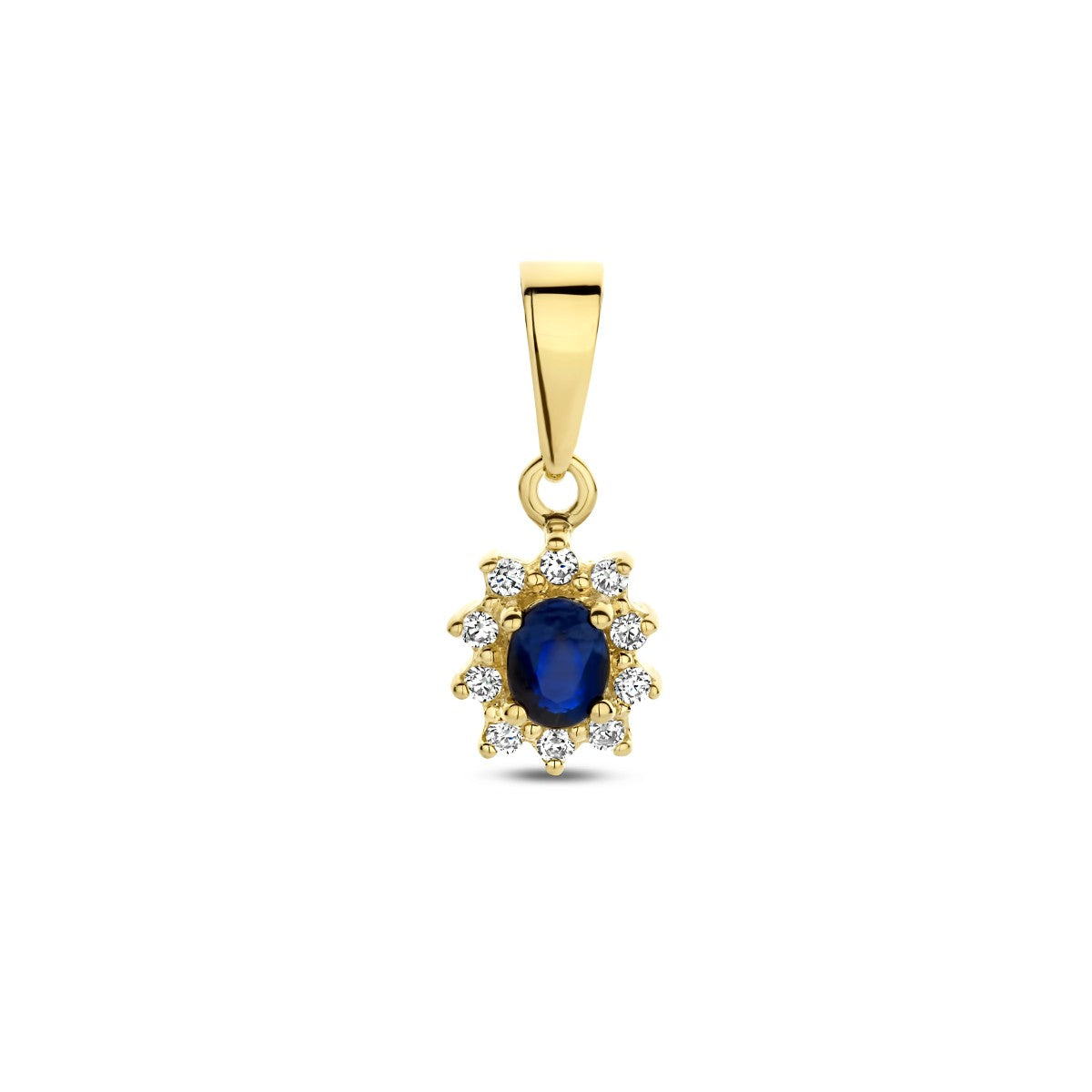 Fantasy Collection Hanger saffier en diamant 0.08 ct halo 10 mm 14K geelgoud
