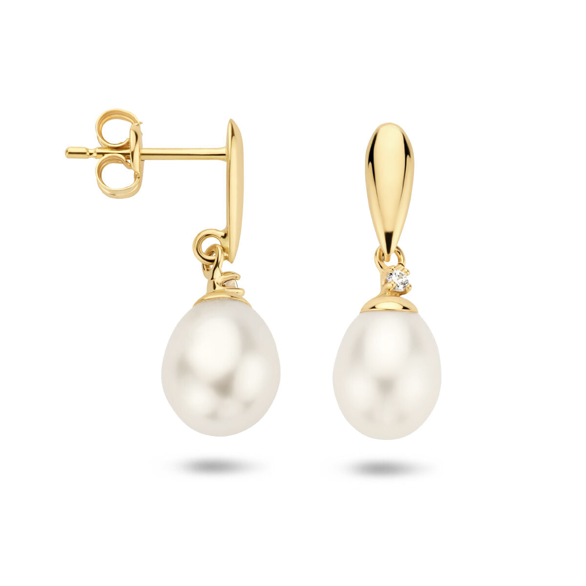 Fantasy Collection Hangende oorbellen parel en zirkonia 19 mm 14K geelgoud