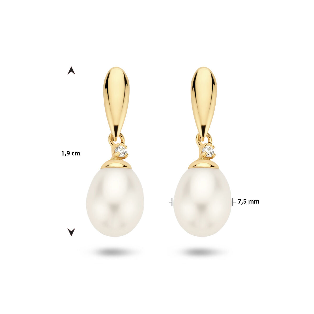 Fantasy Collection Hangende oorbellen parel en zirkonia 19 mm 14K geelgoud
