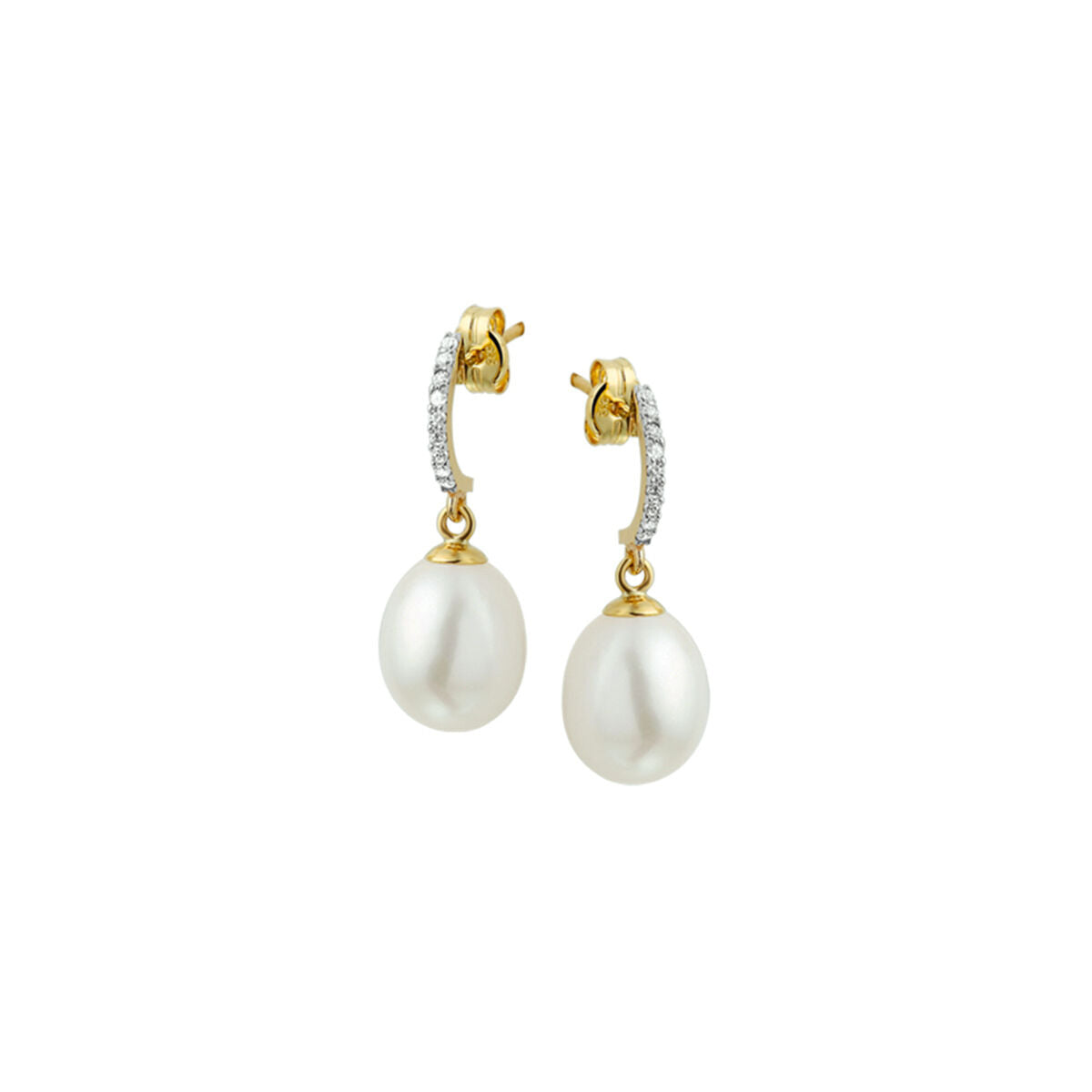 Fantasy Collection Hangende oorbellen parel en zirkonia 14K geelgoud