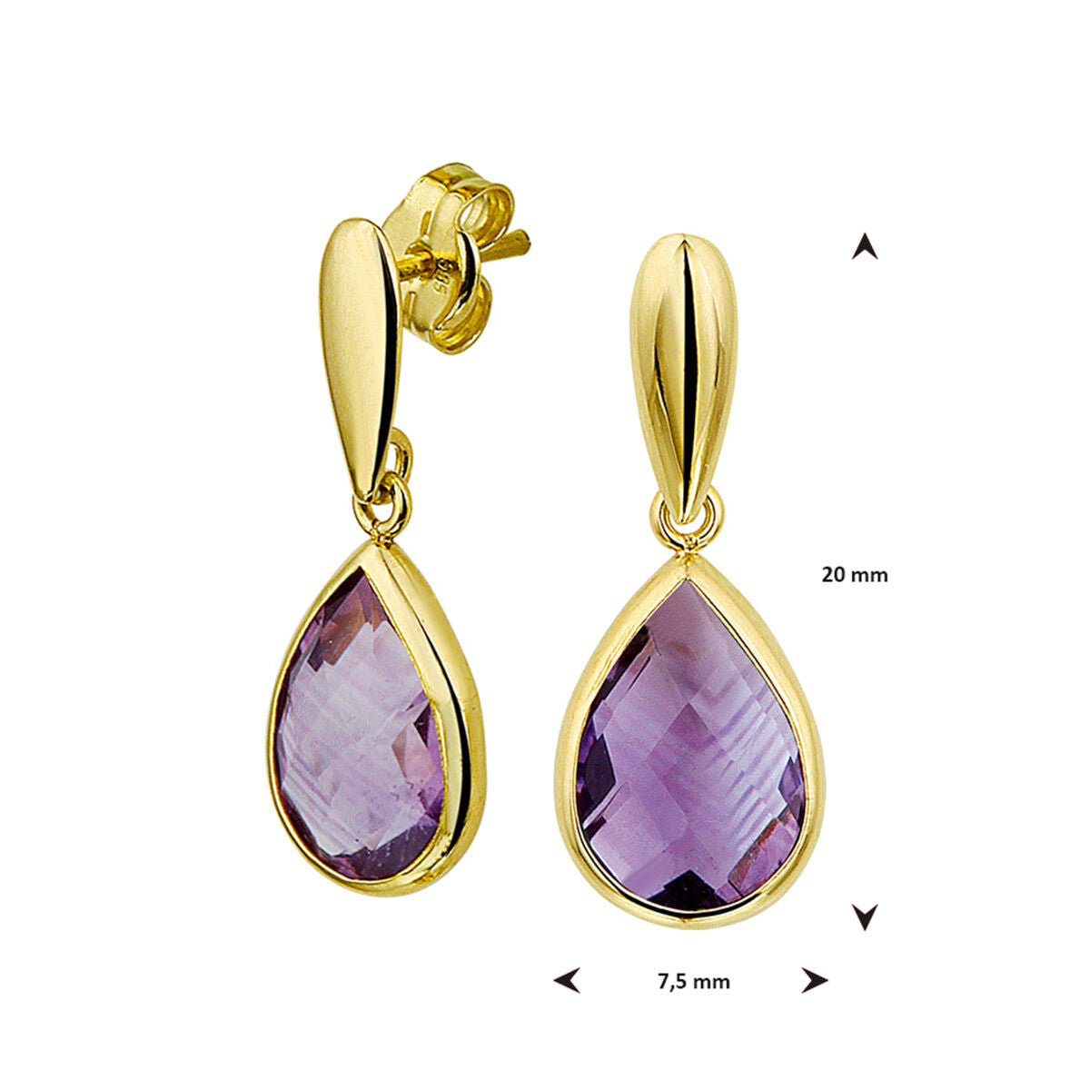 Fantasy Collection Hangende oorbellen amethist 20 mm 14K geelgoud