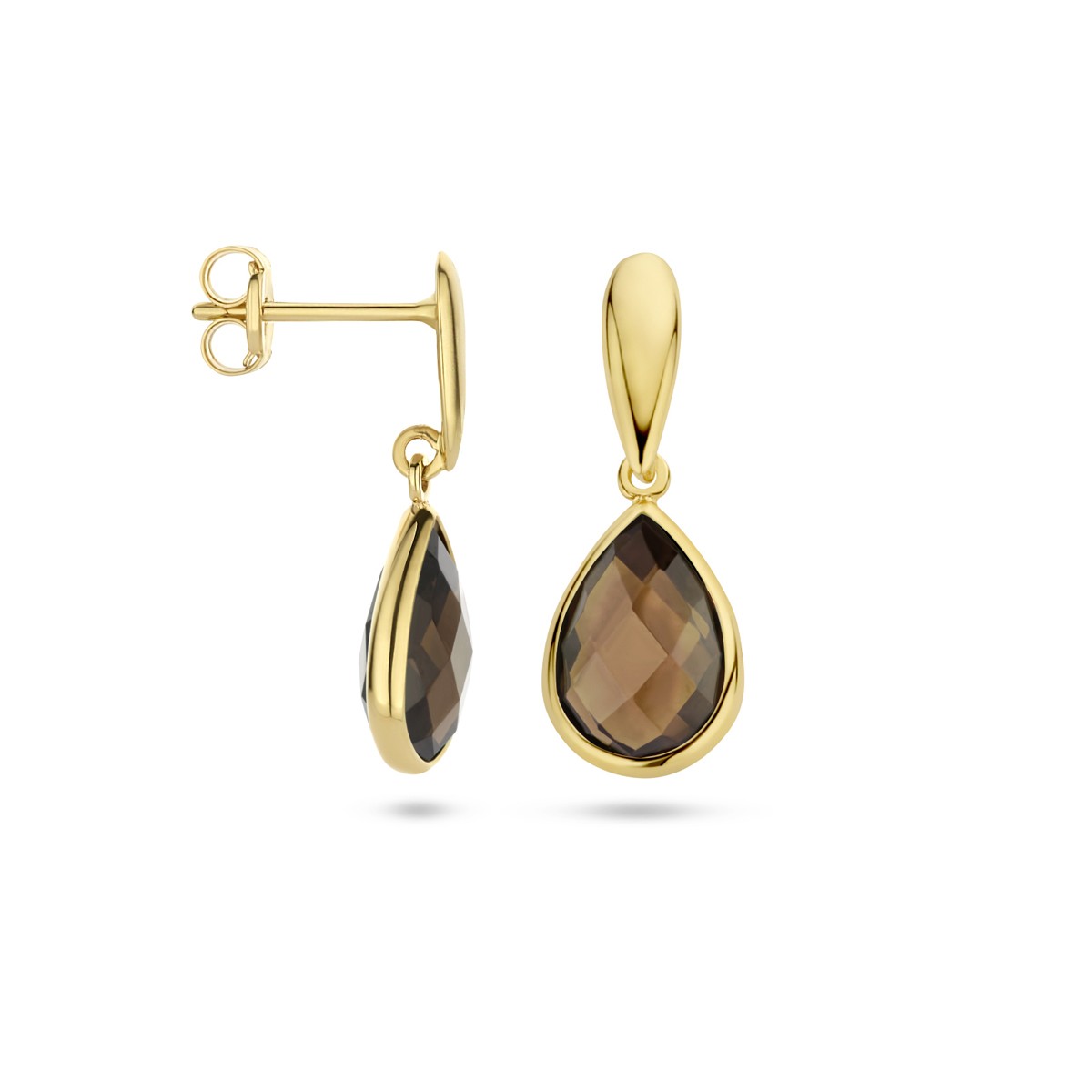 Hangende oorbellen rookkwarts 20 mm 14K geelgoud