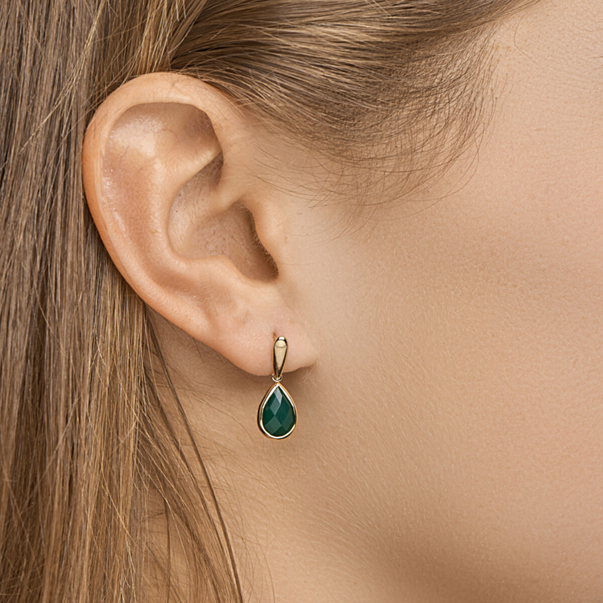 Fantasy Collection Hangende oorbellen groen agaat 20 mm 14K geelgoud