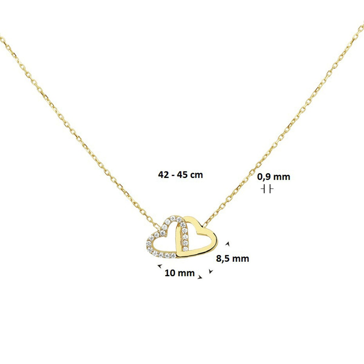 Collier hartjes en zirkonia 42 - 45 cm 14K geelgoud