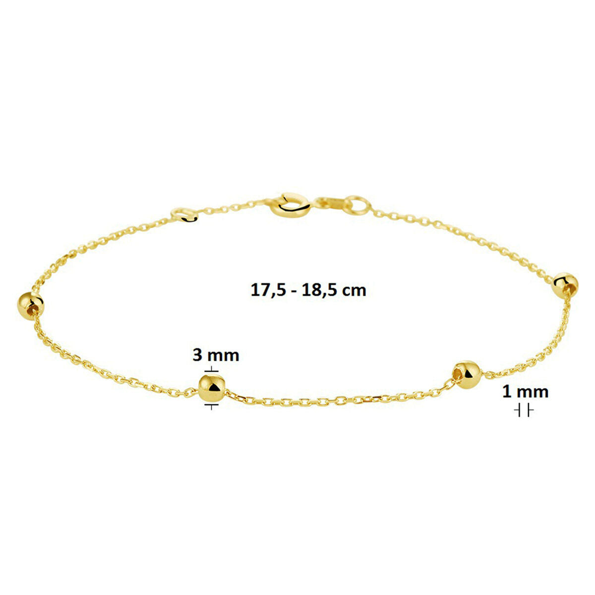 Fantasy Collection Armband anker en bolletjes 1,0 mm 17,5 - 18,5 cm 14K geelgoud