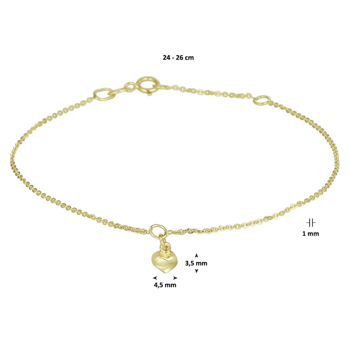 Fantasy Collection Enkelbandje hart 1,0 mm 24 - 26 cm 14K geelgoud