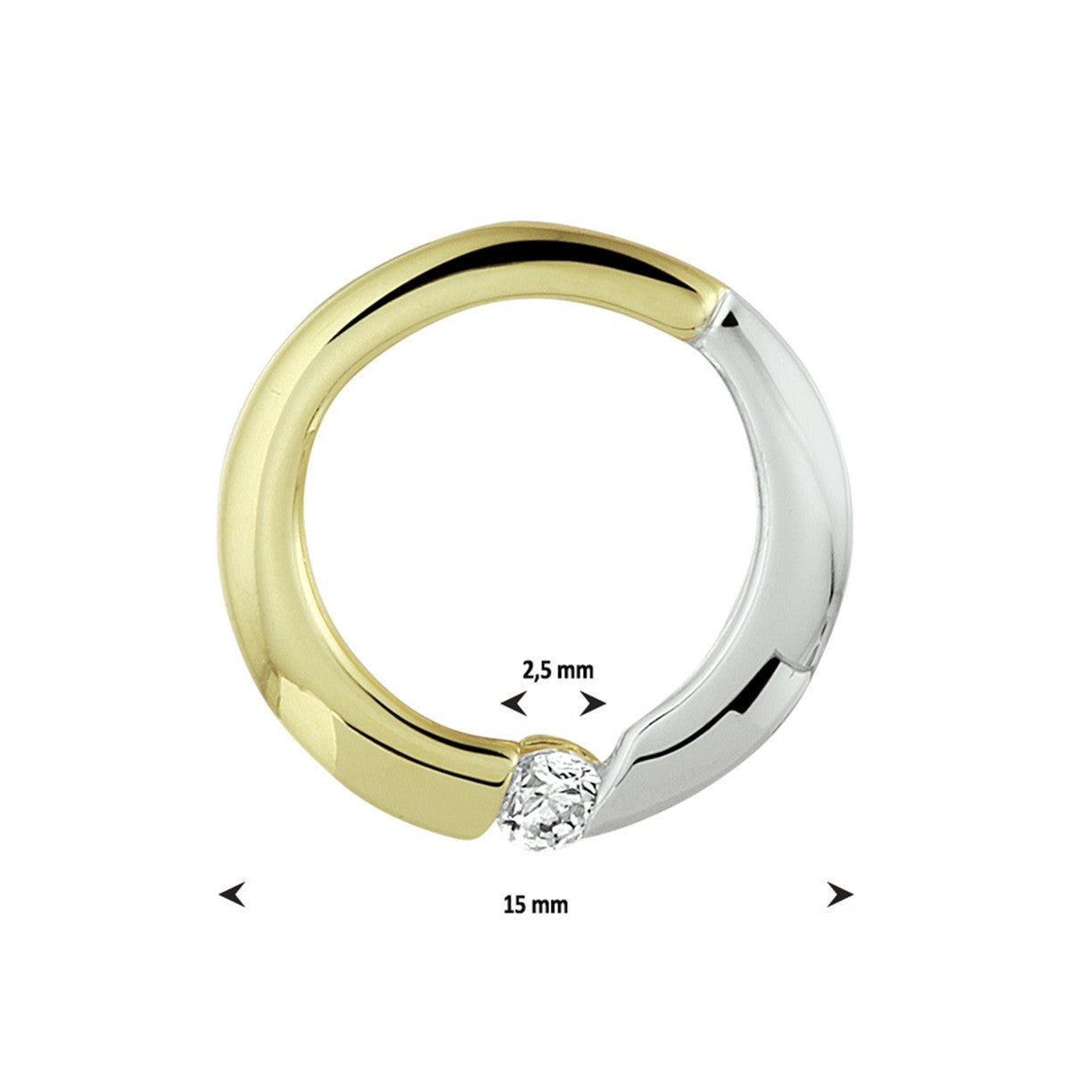 Fantasy Collection Hanger rondje zirkonia bicolor gestift 15 mm 14K geelgoud