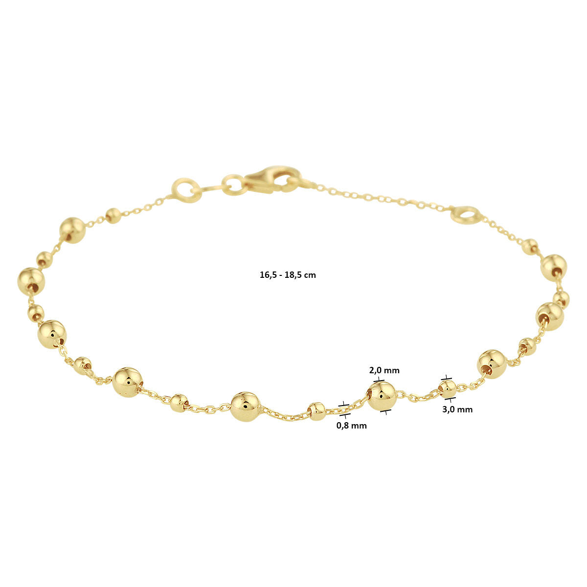 Fantasy Collection Armband bolletjes 0,8 mm 16,5 - 18,5 cm 14K geelgoud