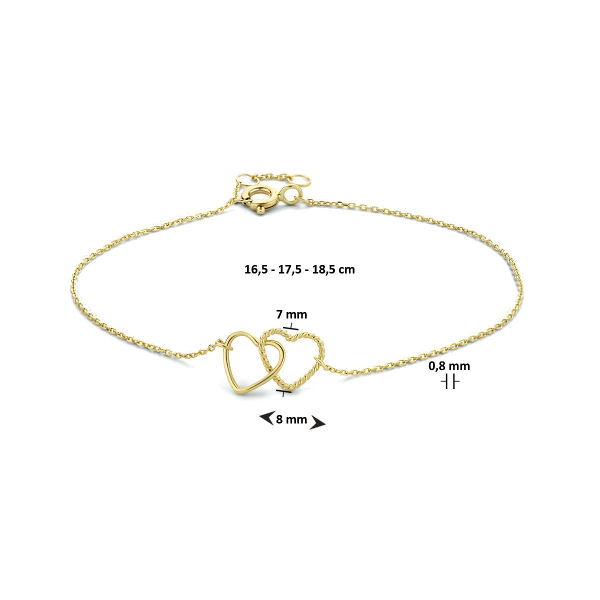 Fantasy Collection Armband hartjes 16,5 - 17,5 - 18,5 cm 14K geelgoud