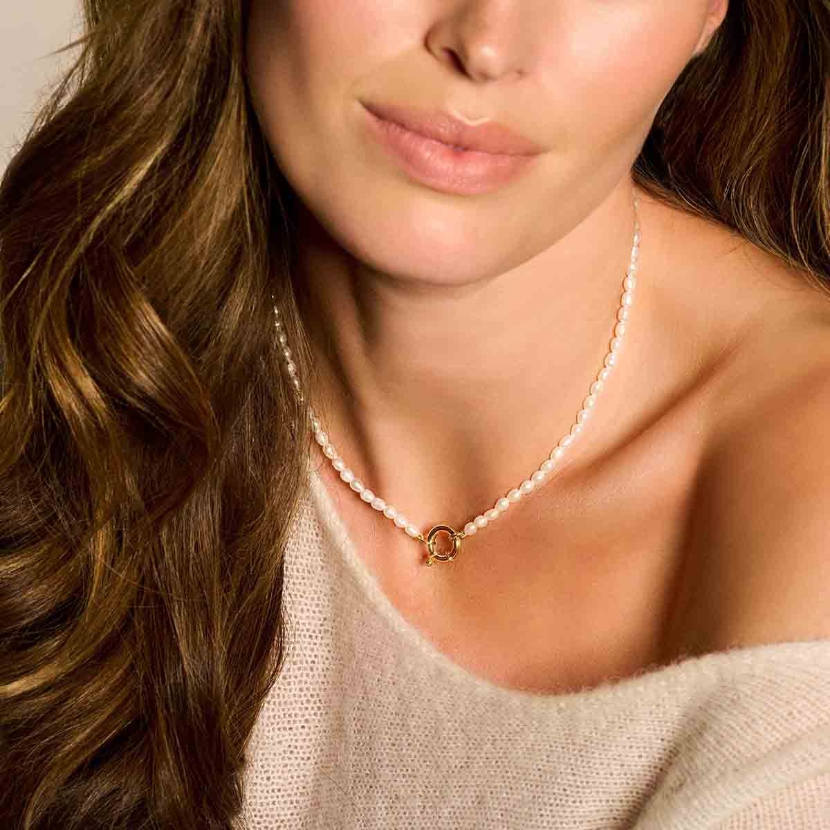 Fantasy Collection Collier parel 41 cm met groot veerslot 14K geelgoud