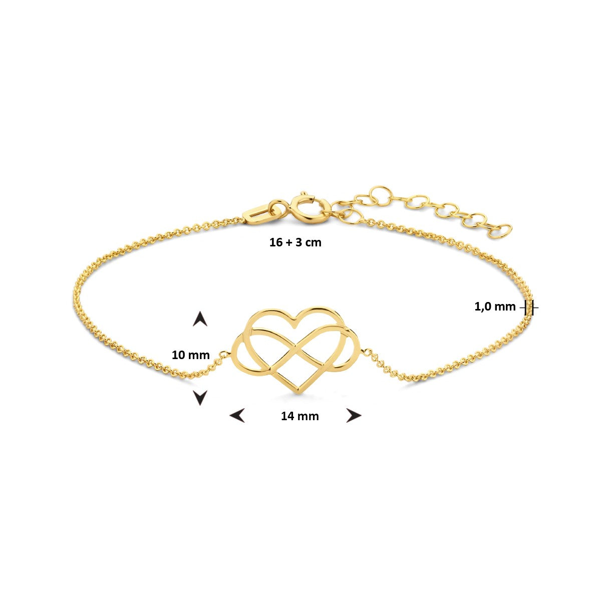 Fantasy Collection Armband hart en infinity 16 + 3 cm 14K geelgoud
