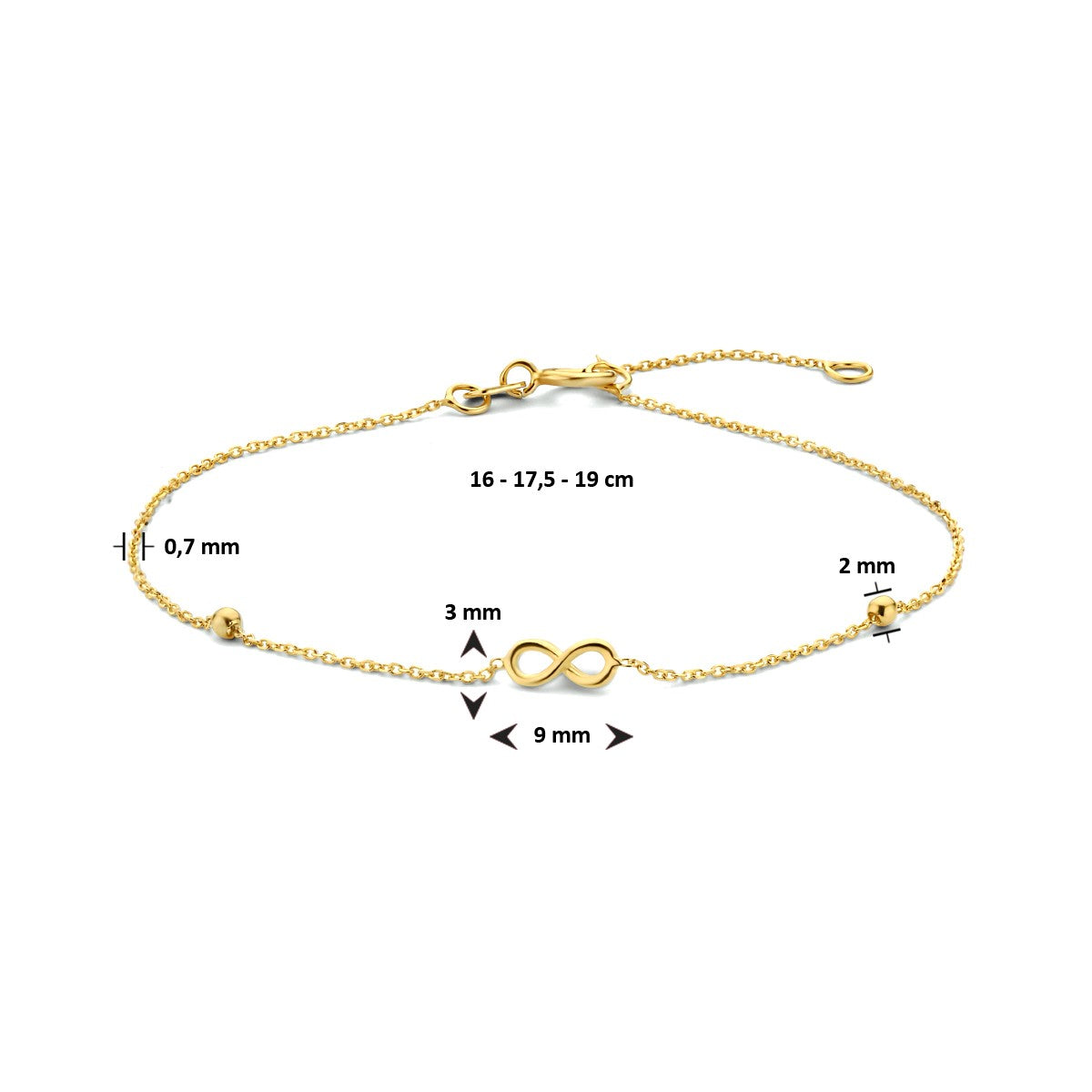 Fantasy Collection Armband infinity en bolletjes 16 - 17,5 - 19 cm 14K geelgoud
