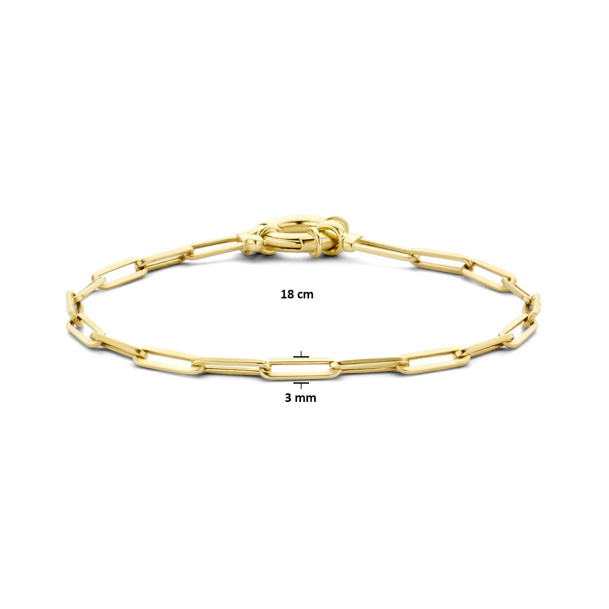 Fantasy Collection Armband paperclip vierkante buis 3,0 mm 18 cm met groot veerslot 14K geelgoud