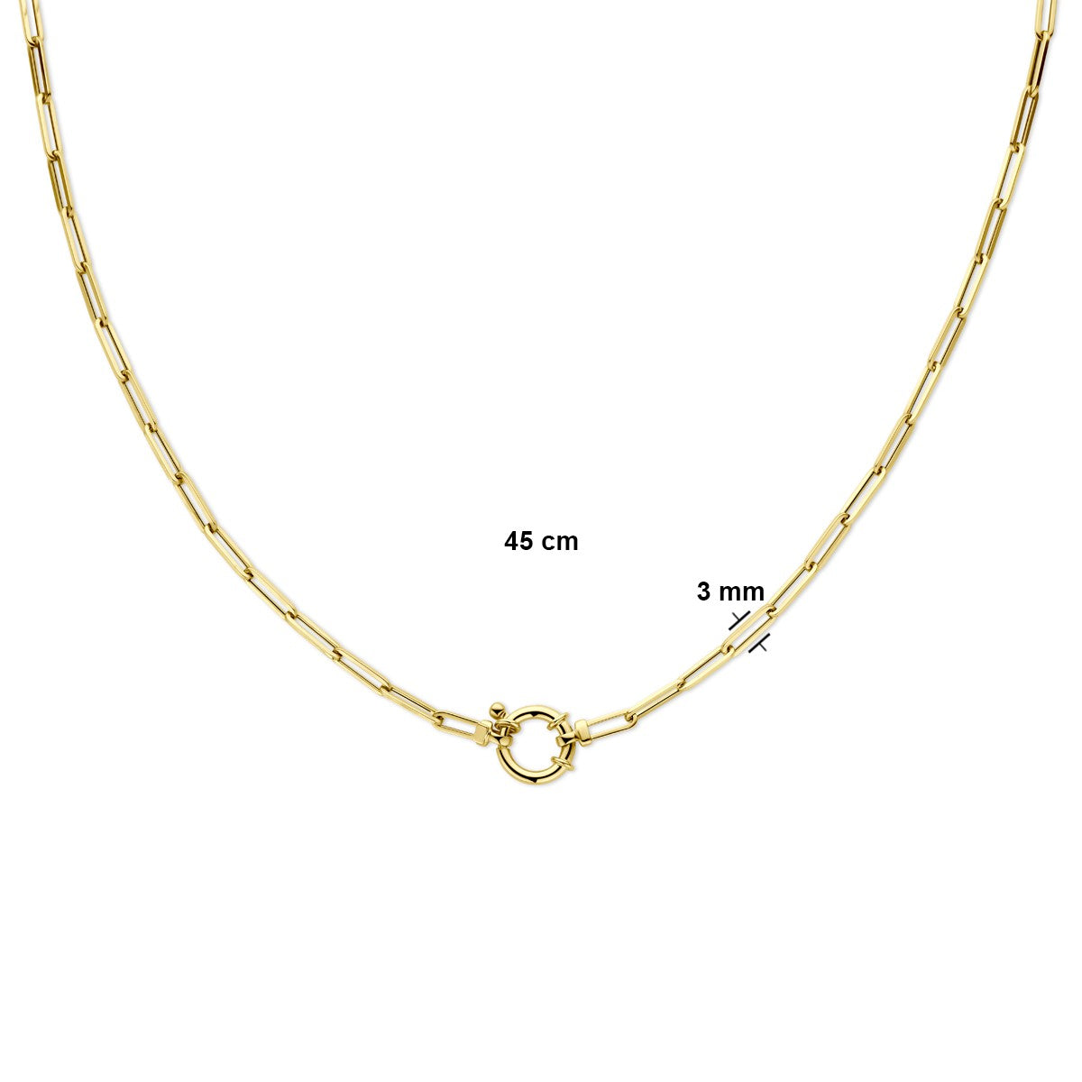 Fantasy Collection Collier paperclip vierkante buis 3,0 mm 45 cm met groot veerslot 14K geelgoud