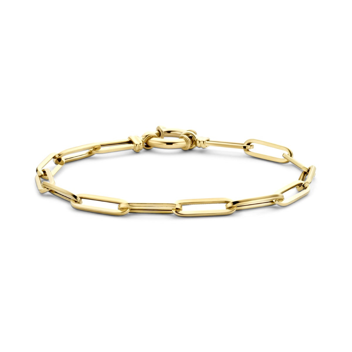 Fantasy Collection Armband paperclip vierkante buis 4,5 mm 19 cm met groot veerslot 14K geelgoud