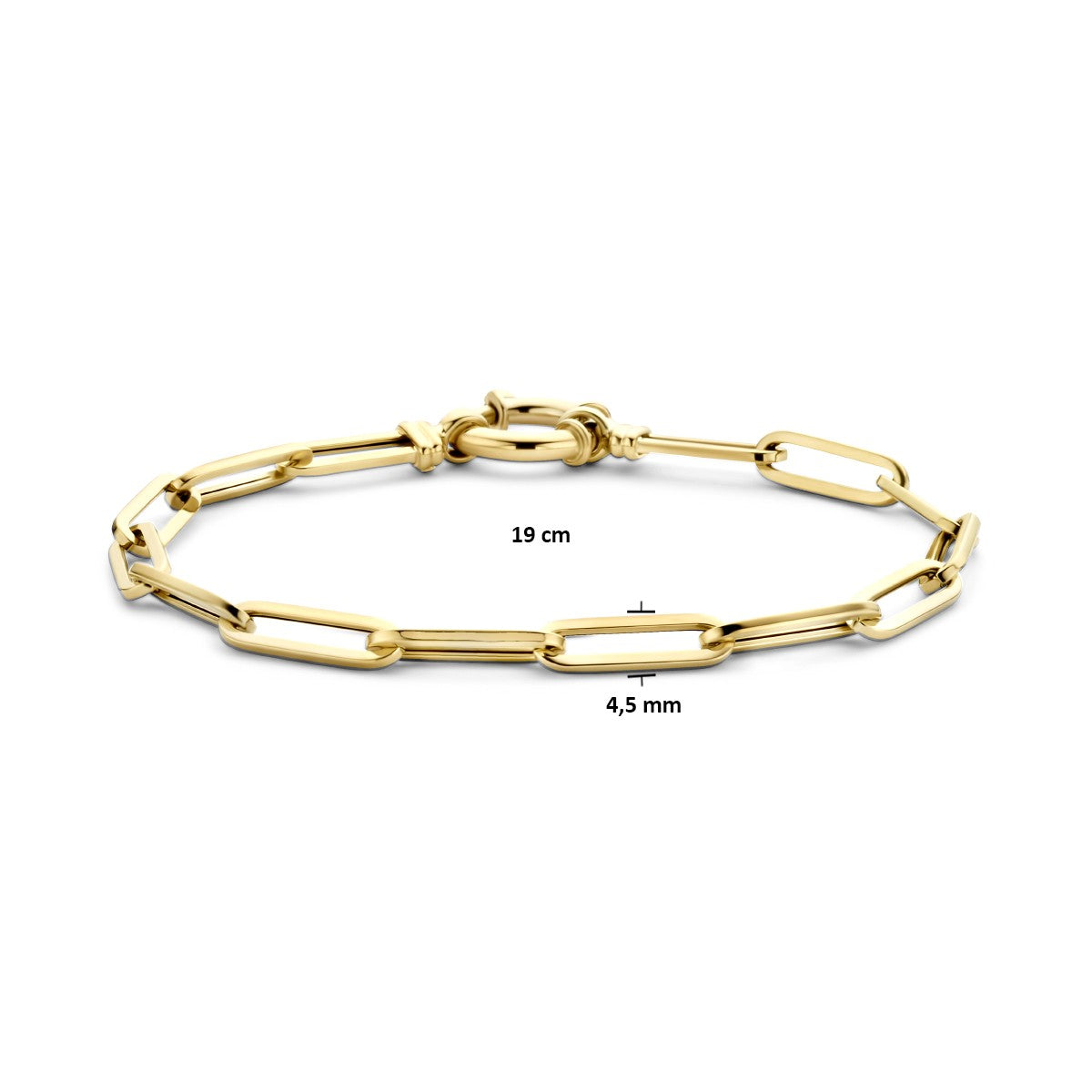 Fantasy Collection Armband paperclip vierkante buis 4,5 mm 19 cm met groot veerslot 14K geelgoud
