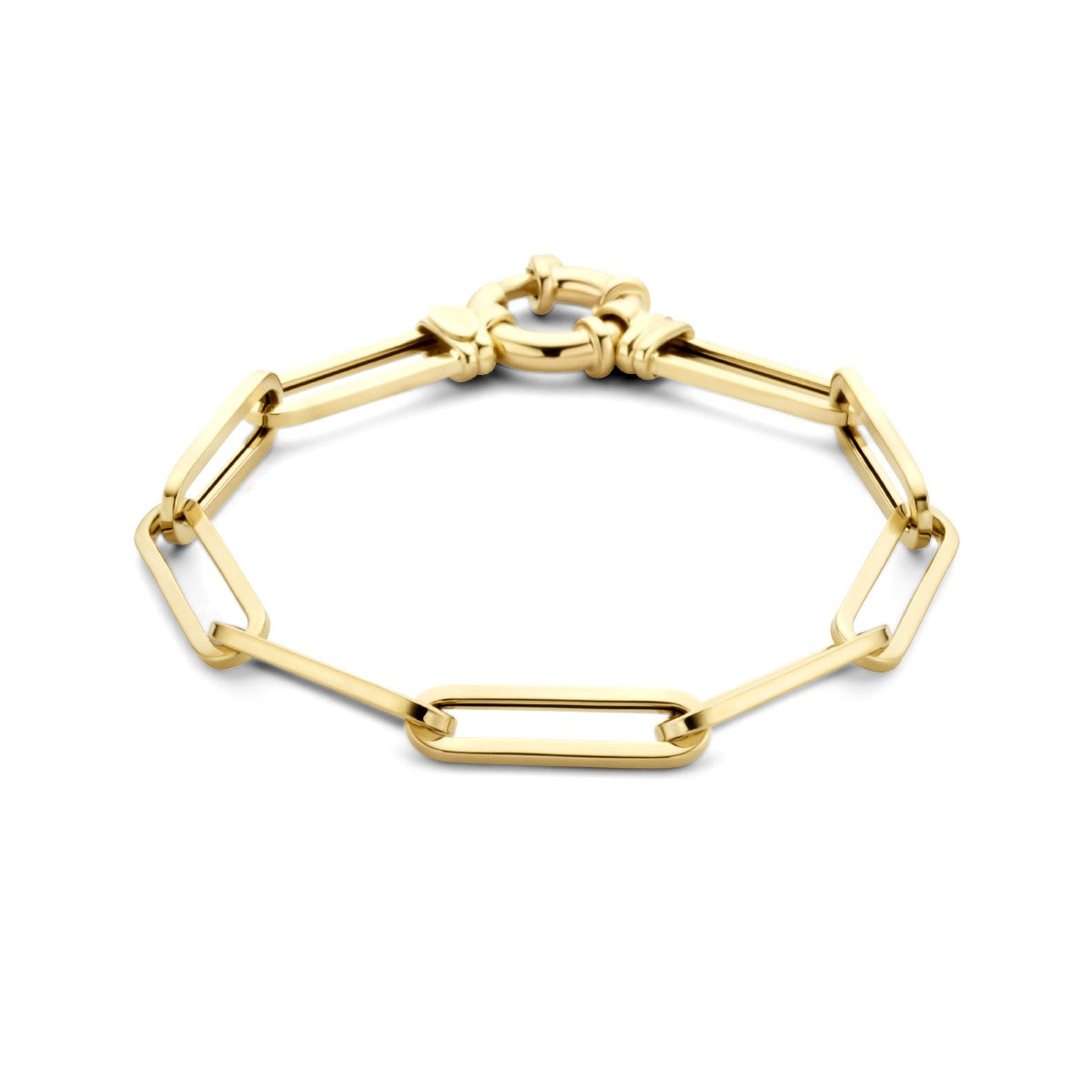 Fantasy Collection Armband paperclip vierkante buis 6,0 mm 19 cm met groot veerslot 14K geelgoud