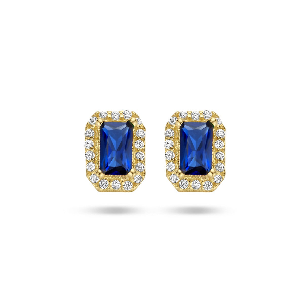 Fantasy Collection Oorbellen synth. saffier en zirkonia halo 14K geelgoud