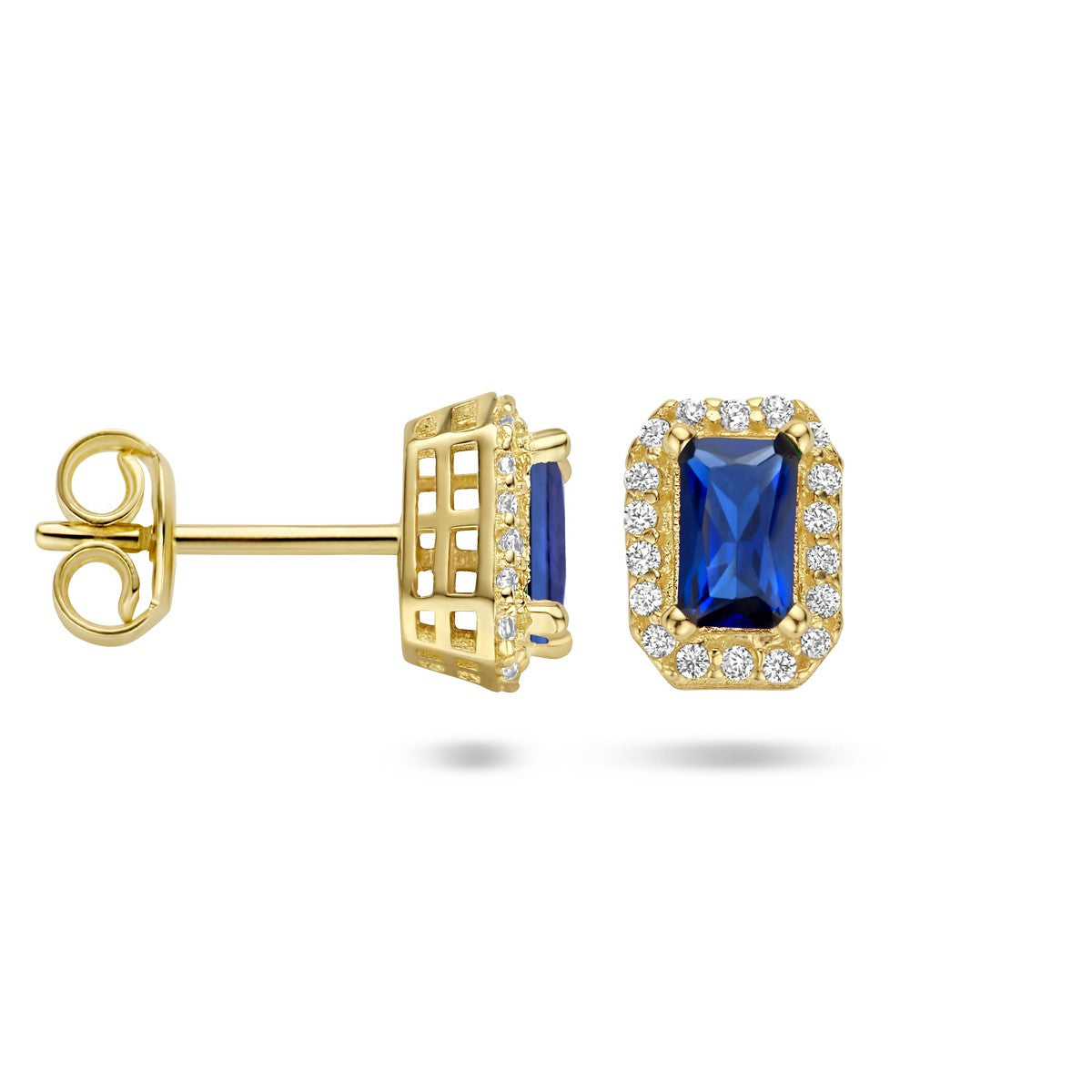 Fantasy Collection Oorbellen synth. saffier en zirkonia halo 14K geelgoud
