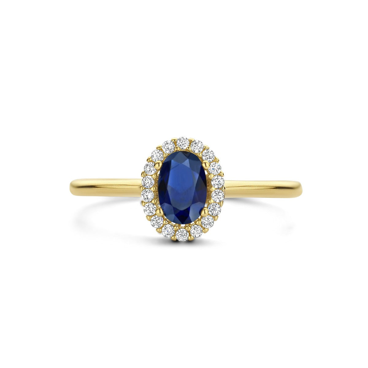 Fantasy Collection Ring synth. saffier en zirkonia halo 14K geelgoud