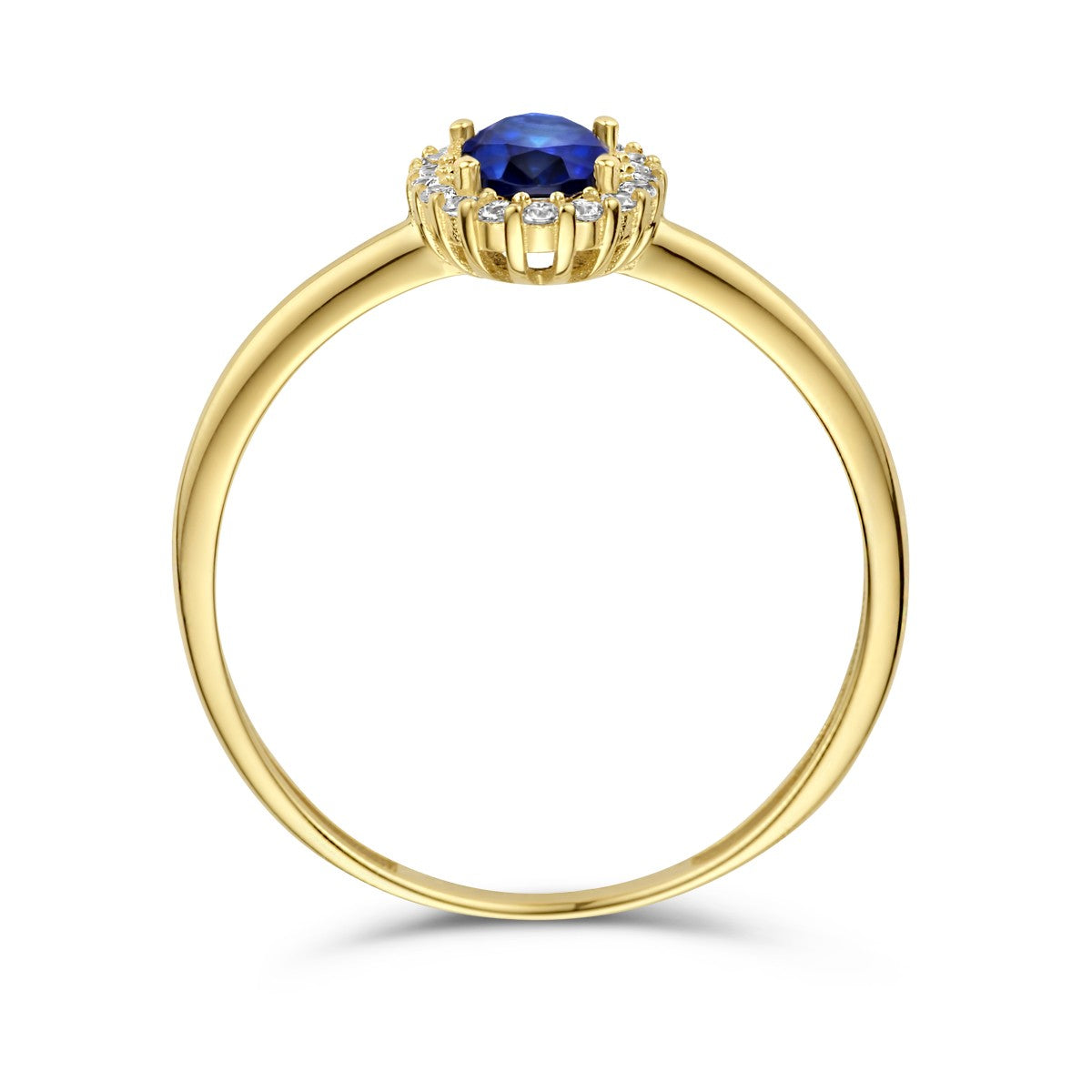 Fantasy Collection Ring synth. saffier en zirkonia halo 14K geelgoud