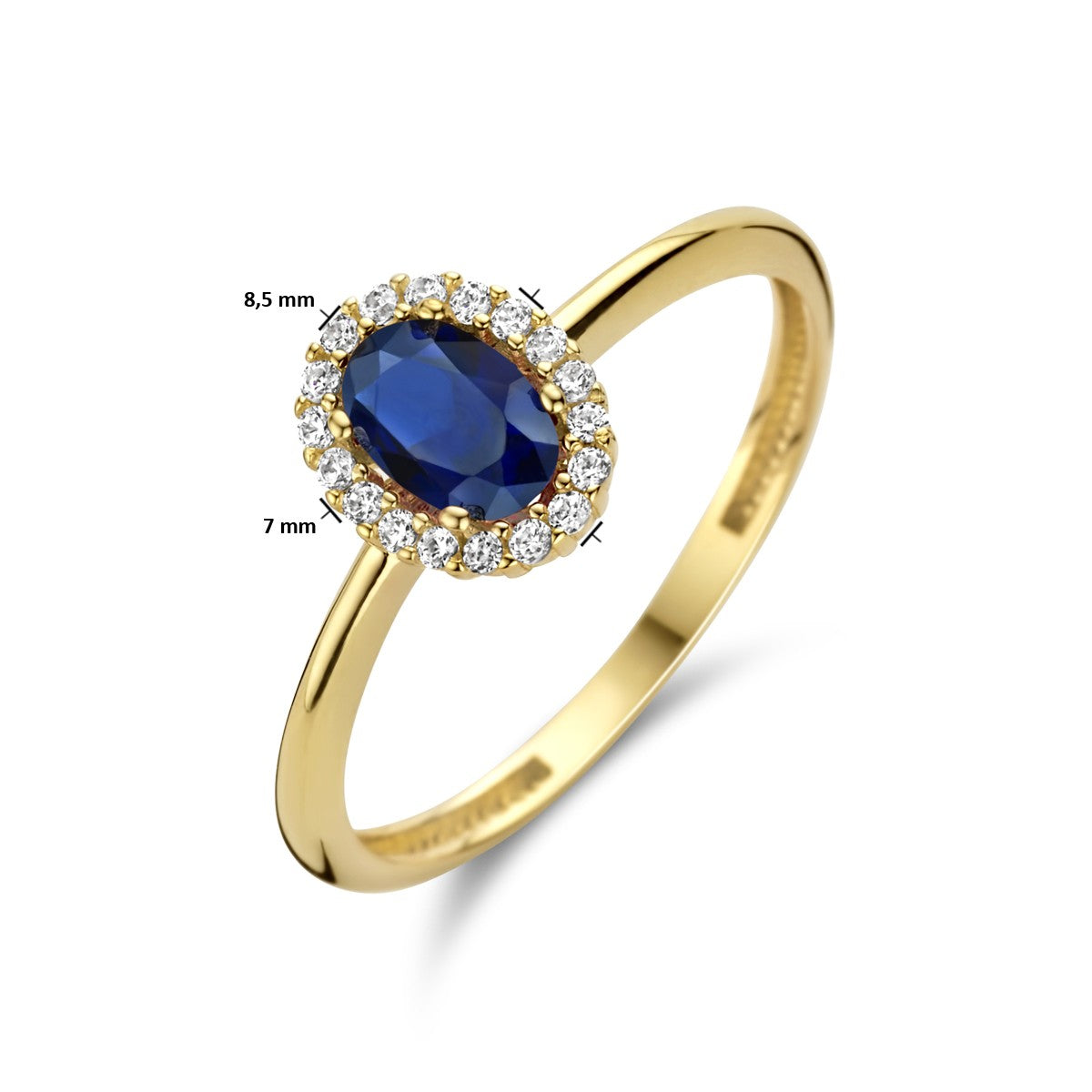 Fantasy Collection Ring synth. saffier en zirkonia halo 14K geelgoud
