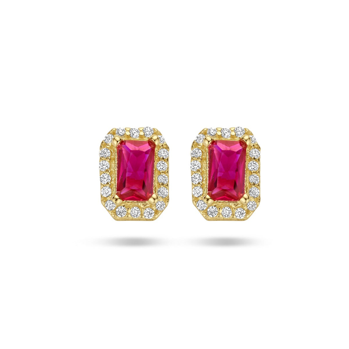 Fantasy Collection Oorbellen rood en wit zirkonia halo 14K geelgoud
