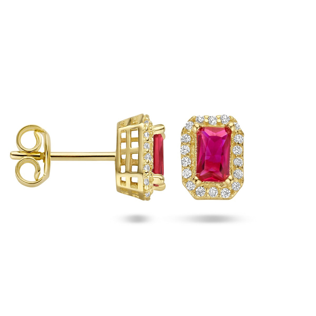 Fantasy Collection Oorbellen rood en wit zirkonia halo 14K geelgoud