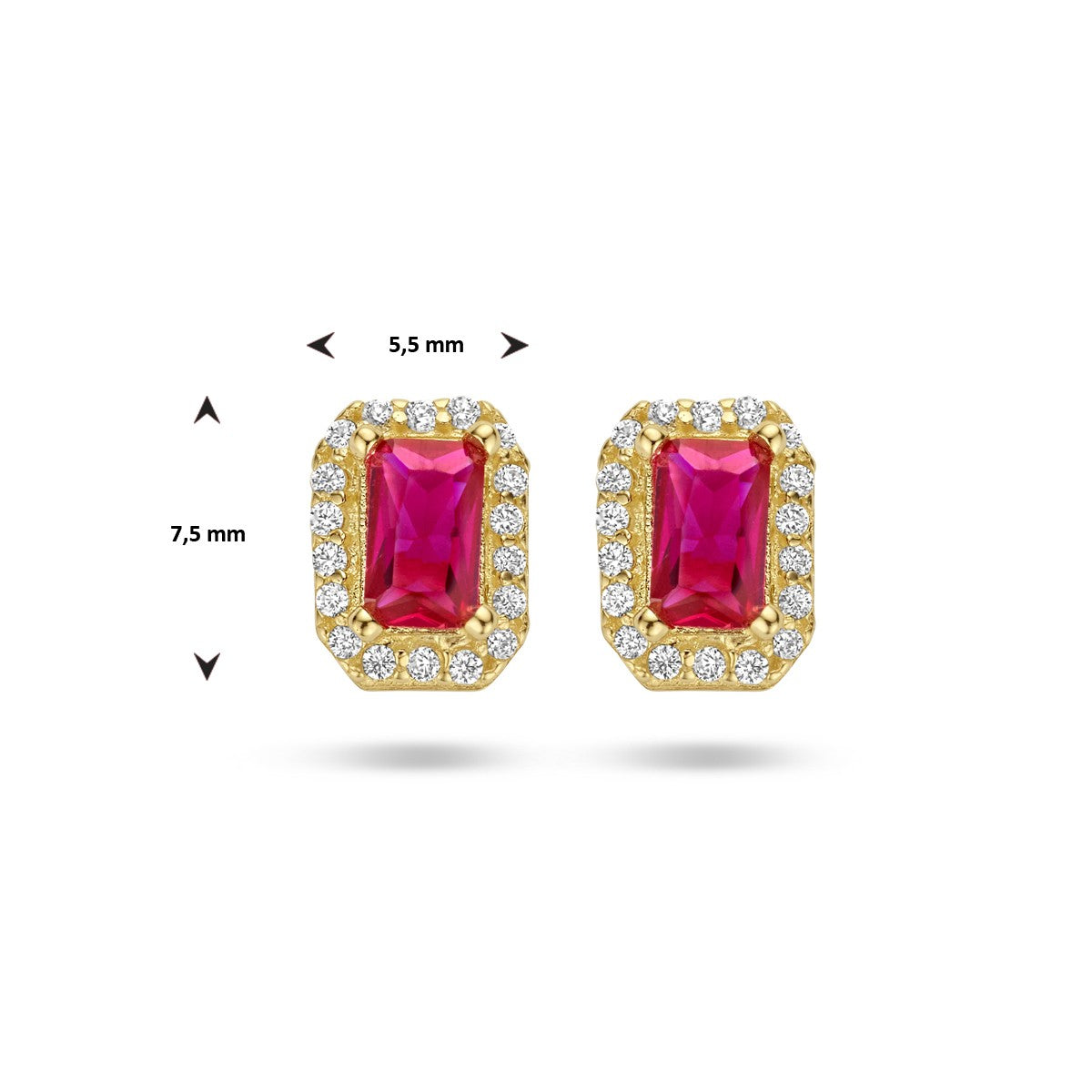 Fantasy Collection Oorbellen rood en wit zirkonia halo 14K geelgoud