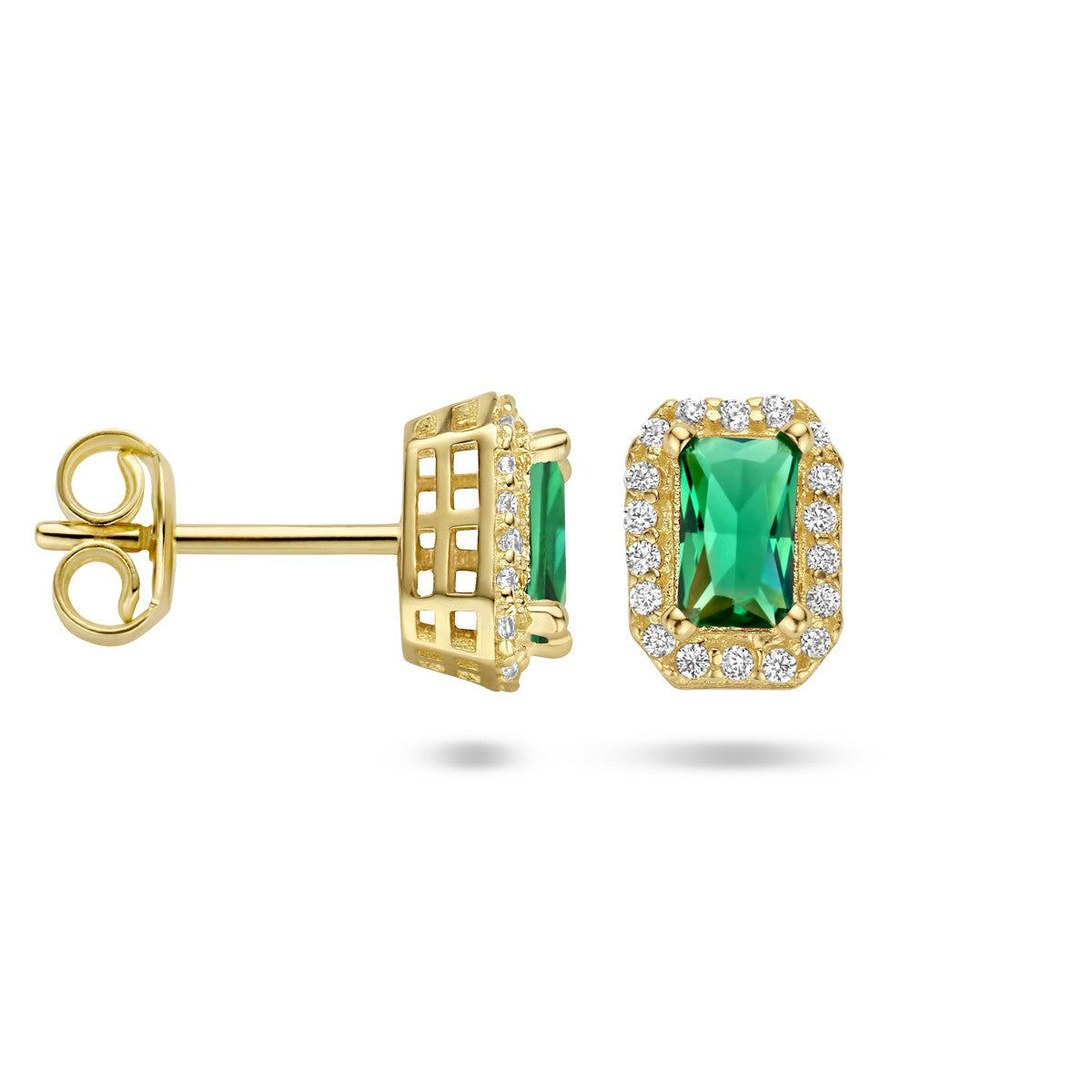 Fantasy Collection Oorbellen groen en wit zirkonia halo 14K geelgoud
