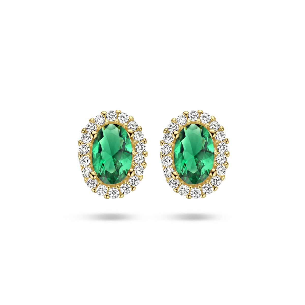 Fantasy Collection Oorbellen groen en wit zirkonia halo 14K geelgoud