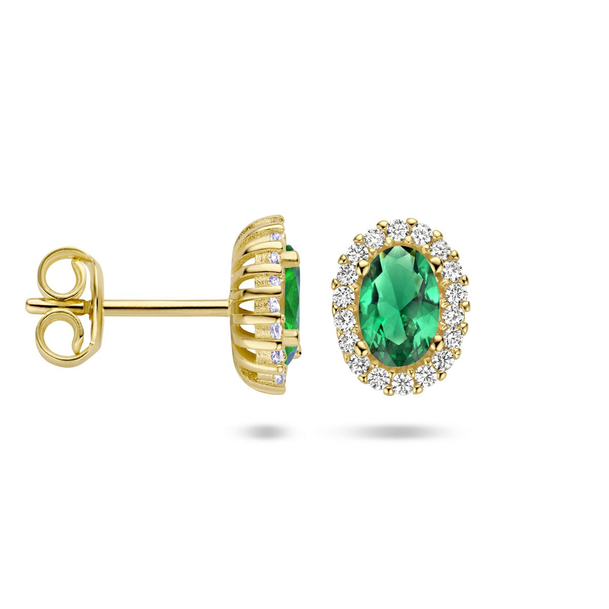Fantasy Collection Oorbellen groen en wit zirkonia halo 14K geelgoud
