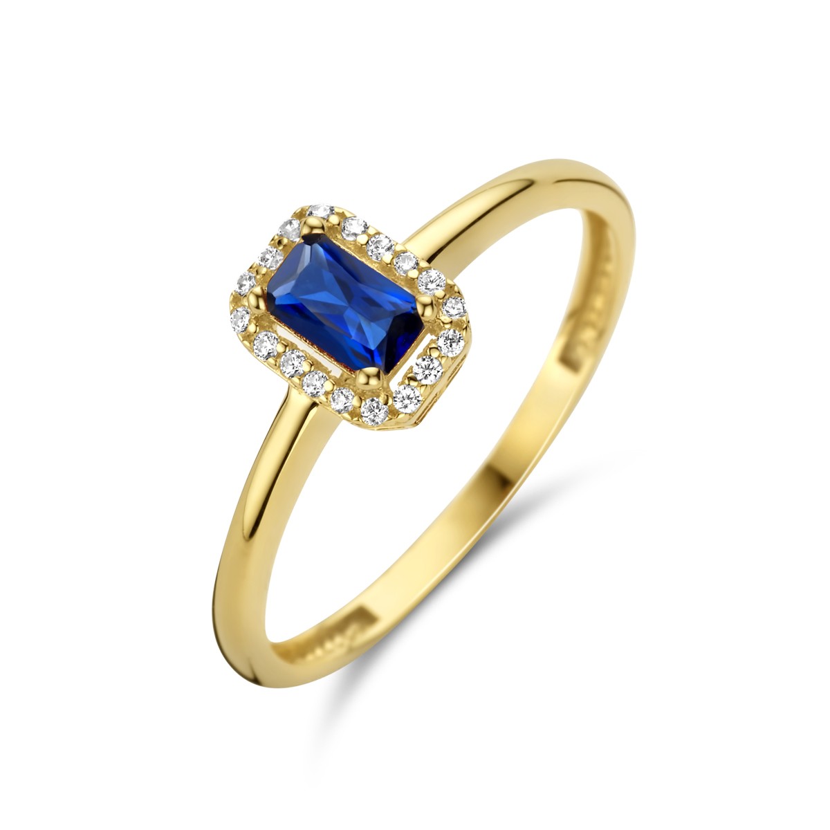 Ring synth. saffier en zirkonia halo 14K geelgoud 7,5 mm – 4025266