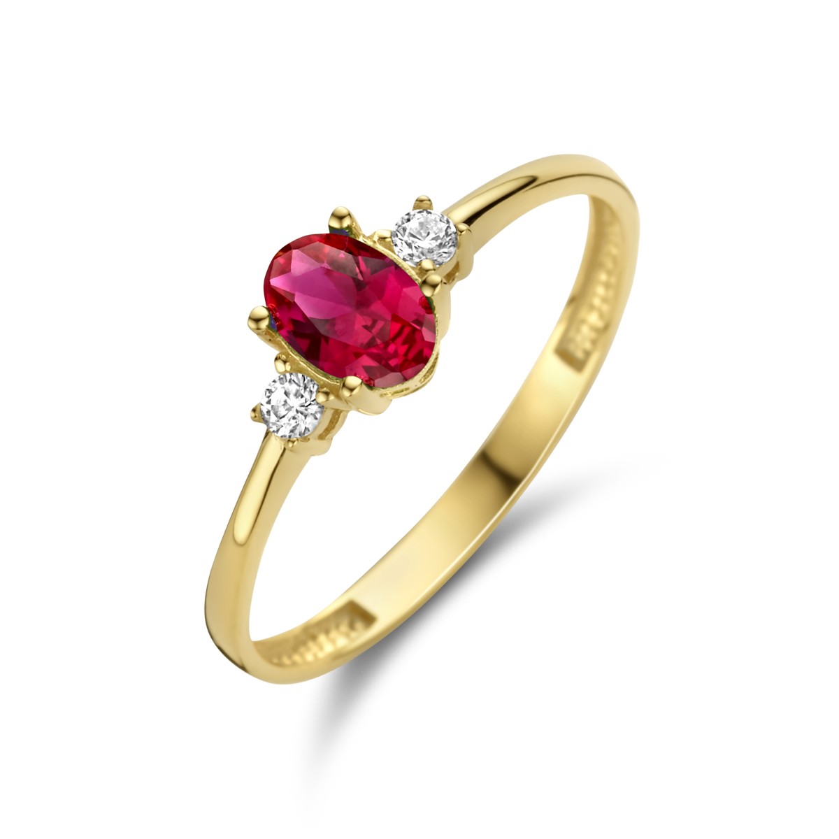 Ring trilogie rood en wit zirkonia 14K geelgoud