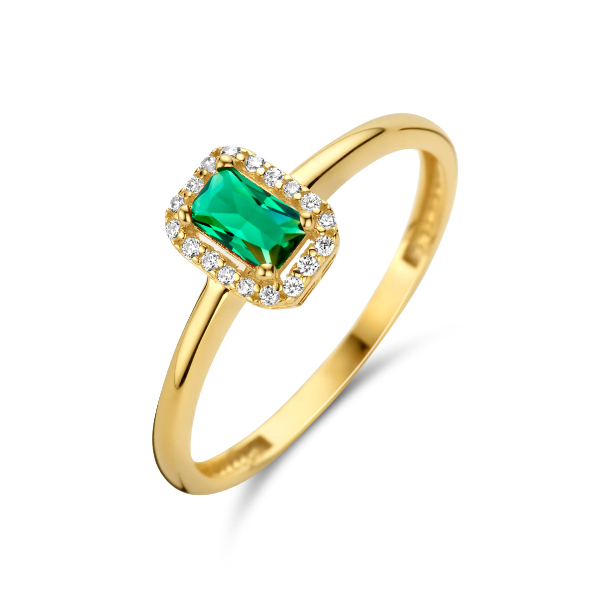 Ring groen en wit zirkonia halo 14K geelgoud