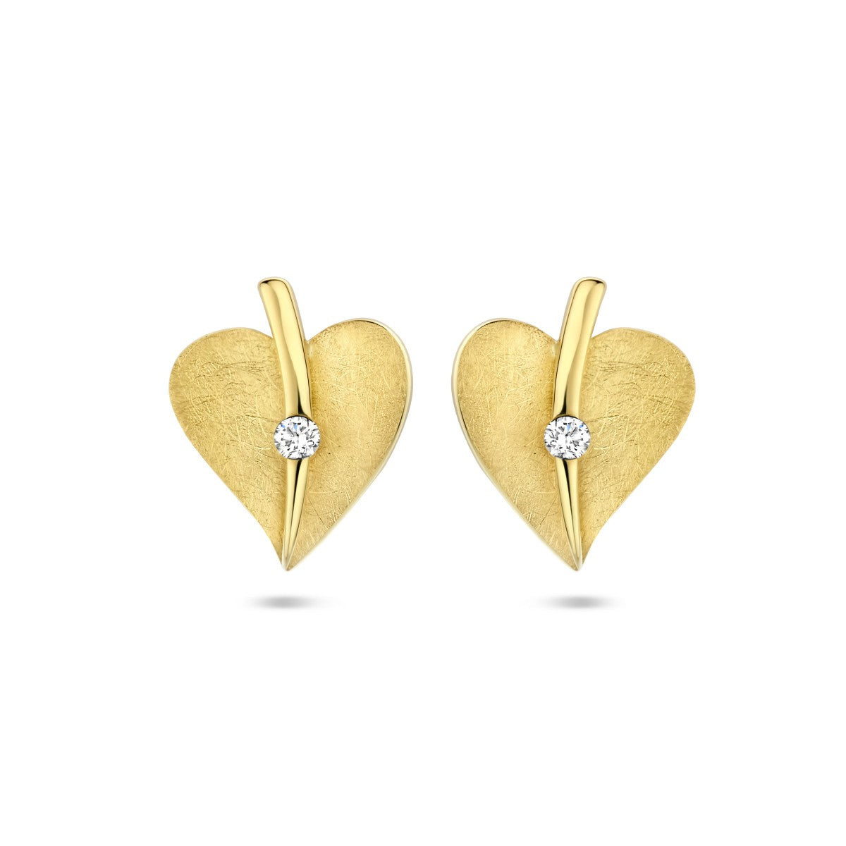 Fantasy Collection Oorbellen hart gescratcht diamant 0.04ct (2x 0.02ct) h si 14K geelgoud