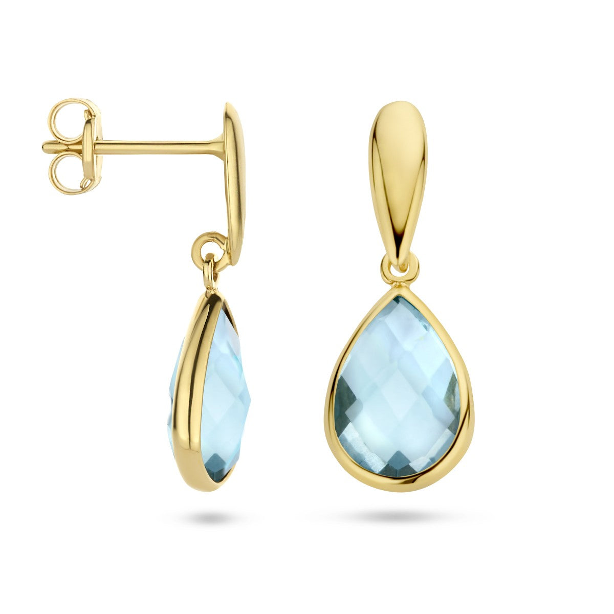 Fantasy Collection Hangende oorbellen blauw topaas 20 mm 14K geelgoud