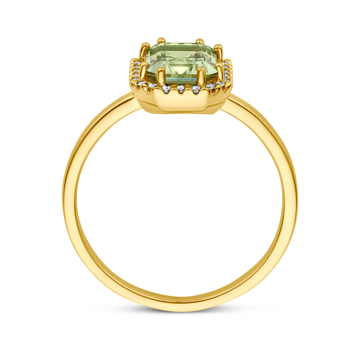 Ring groen amethist en diamant 0.10ct h si halo 14K geelgoud