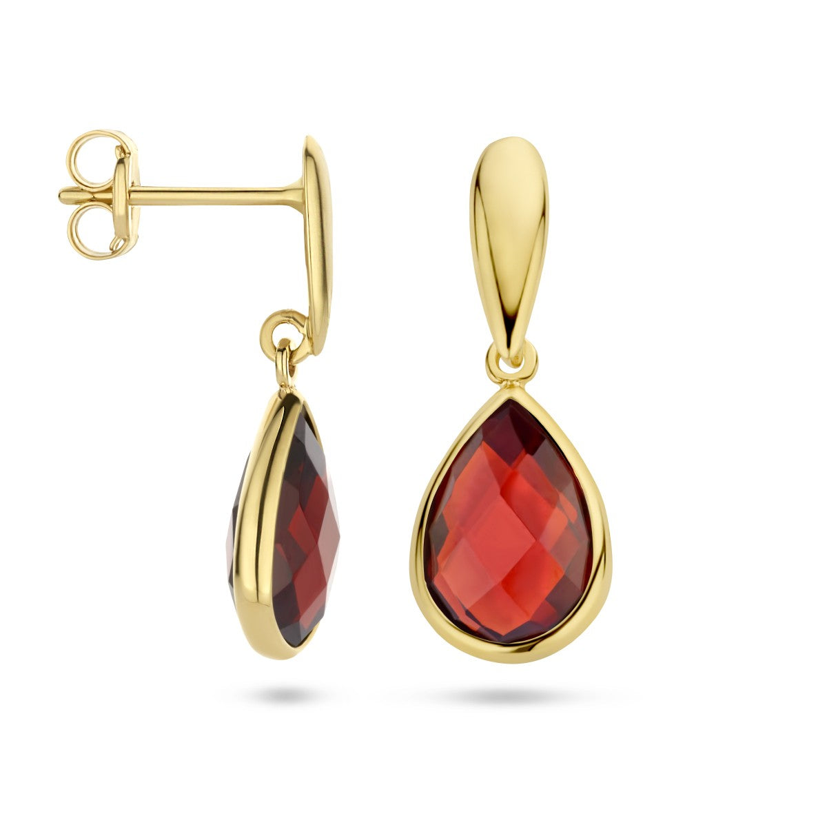 Fantasy Collection Hangende oorbellen granaat 20 mm 14K geelgoud