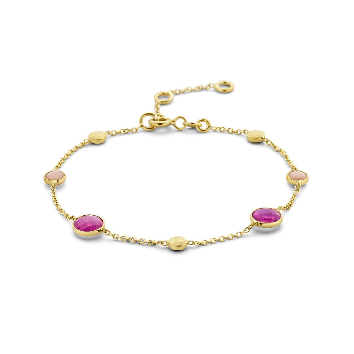 Fantasy Collection Armband robijn, opaal en rondjes 16 - 17,5 - 19 cm 14K geelgoud
