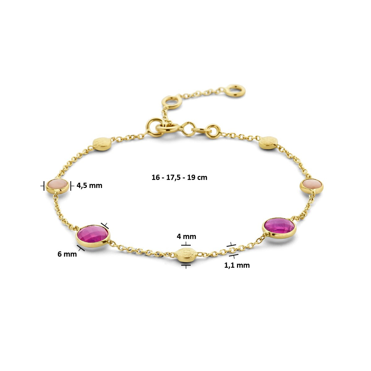 Fantasy Collection Armband robijn, opaal en rondjes 16 - 17,5 - 19 cm 14K geelgoud