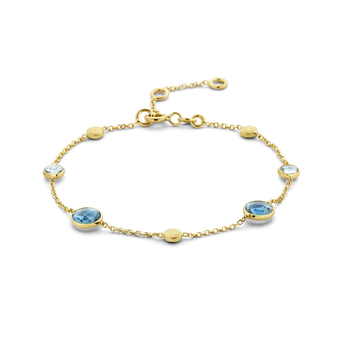 Fantasy Collection Armband london blue en blauw topaas en rondjes 16 - 17,5 - 19 cm 14K geelgoud