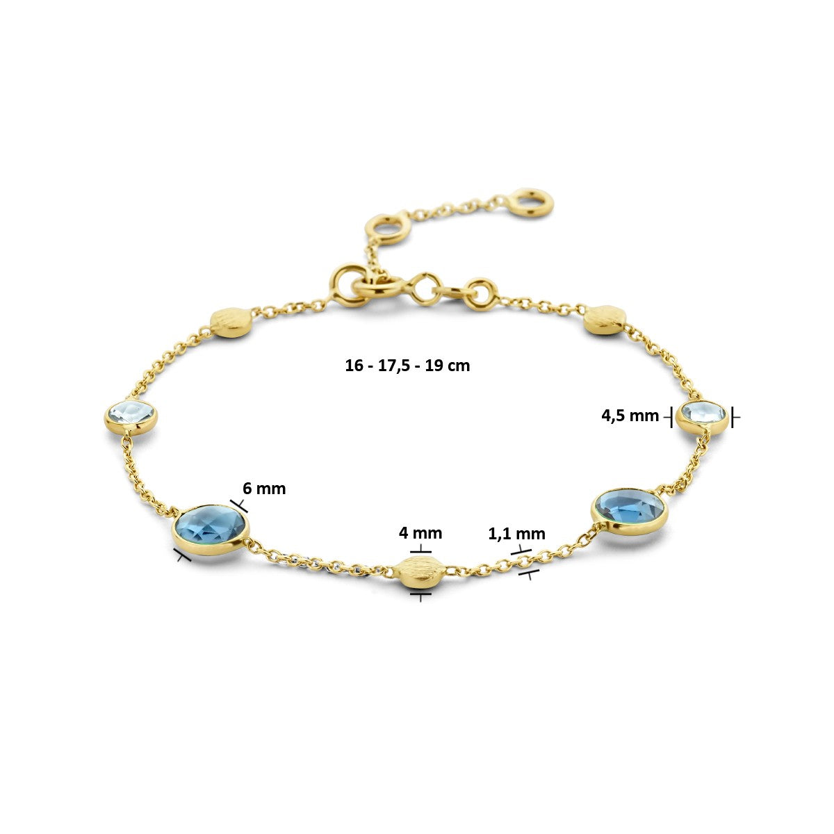 Fantasy Collection Armband london blue en blauw topaas en rondjes 16 - 17,5 - 19 cm 14K geelgoud