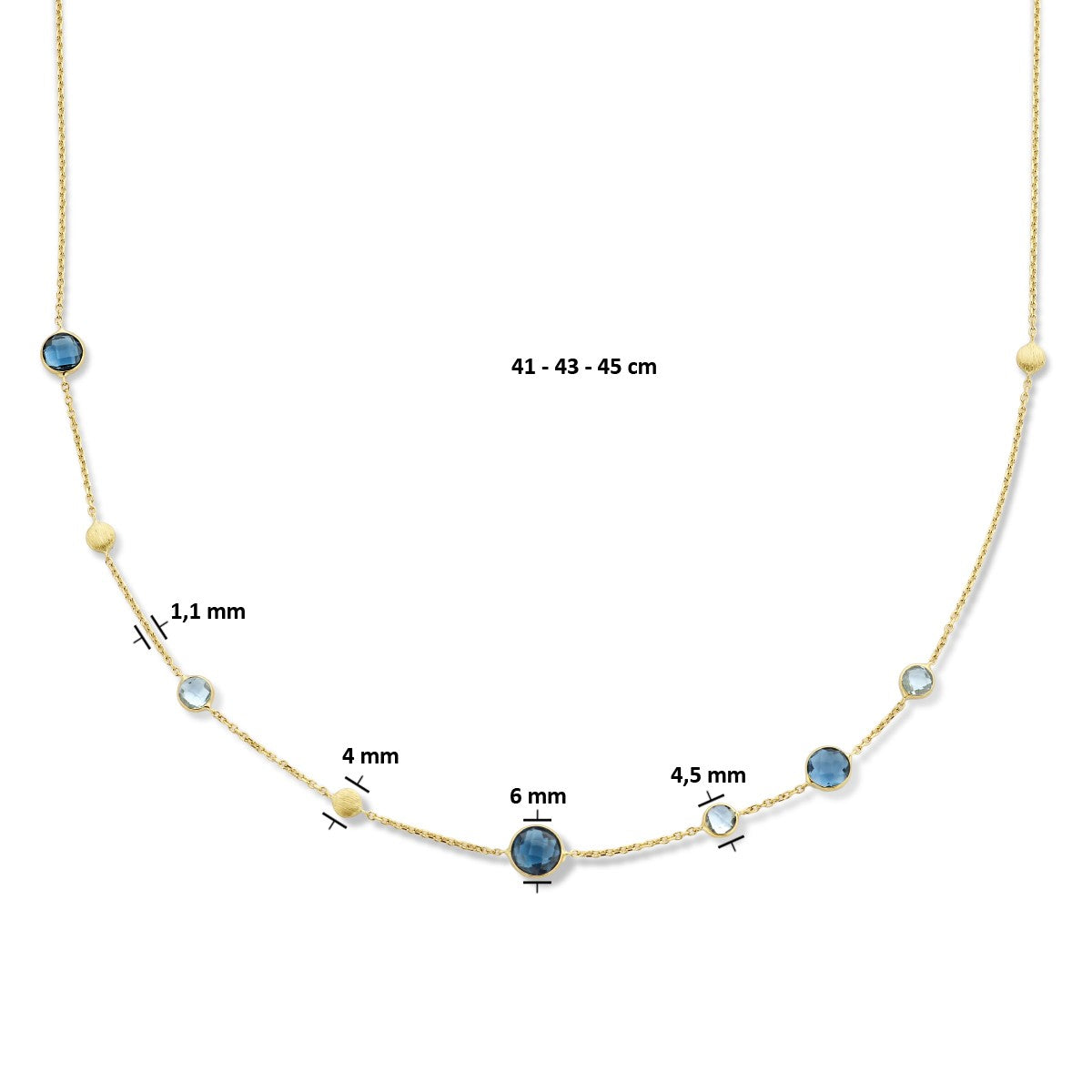 Fantasy Collection Collier london blue en blauw topaas en rondjes 41 - 43 - 45 cm 14K geelgoud