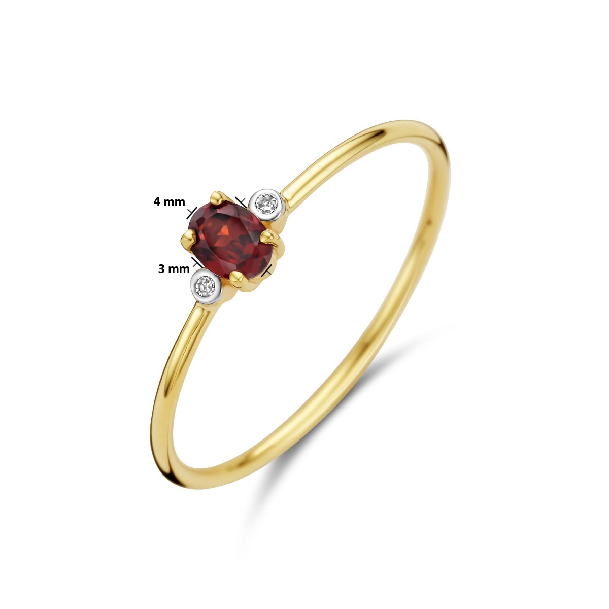Ring trilogie granaat en diamant 0.006ct h p1 14K geelgoud