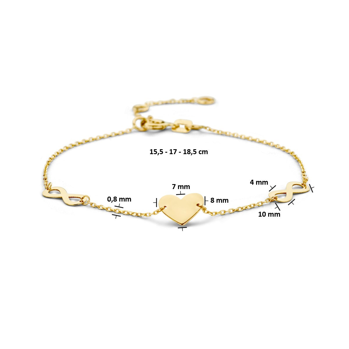 Fantasy Collection Armband hart en infinity 15,5 - 17 - 18,5 cm 14K geelgoud