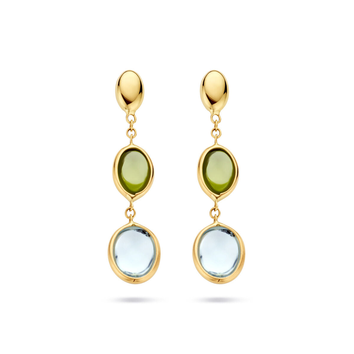 Fantasy Collection Hangende oorbellen blauw topaas en peridot 14K geelgoud