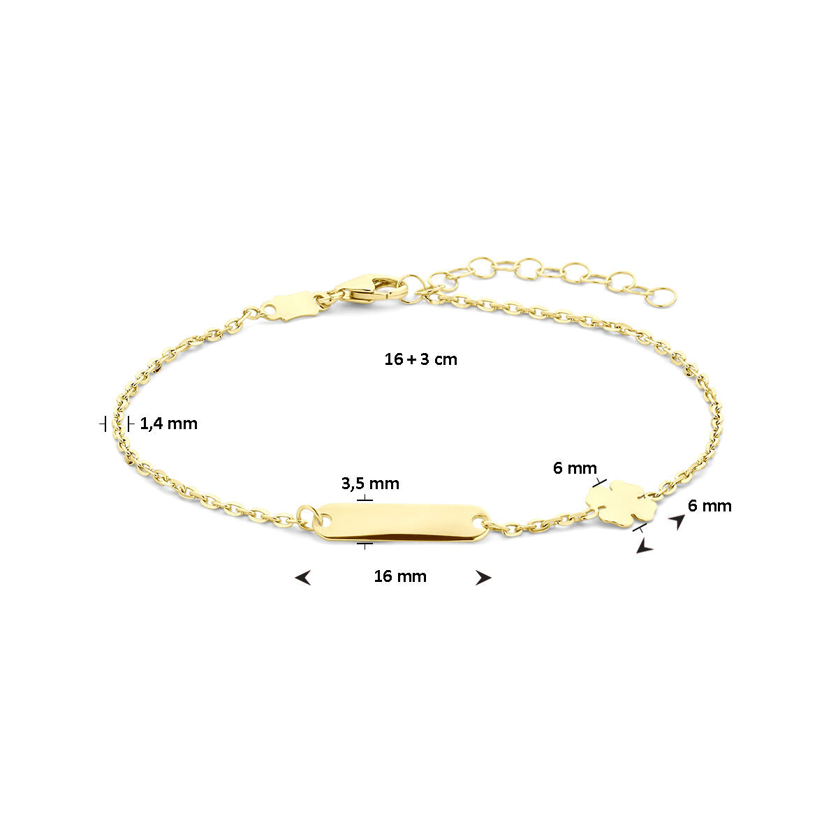 Fantasy Collection Graveerarmband klavertje plaat 3,5 mm 16 + 3 cm 14K geelgoud