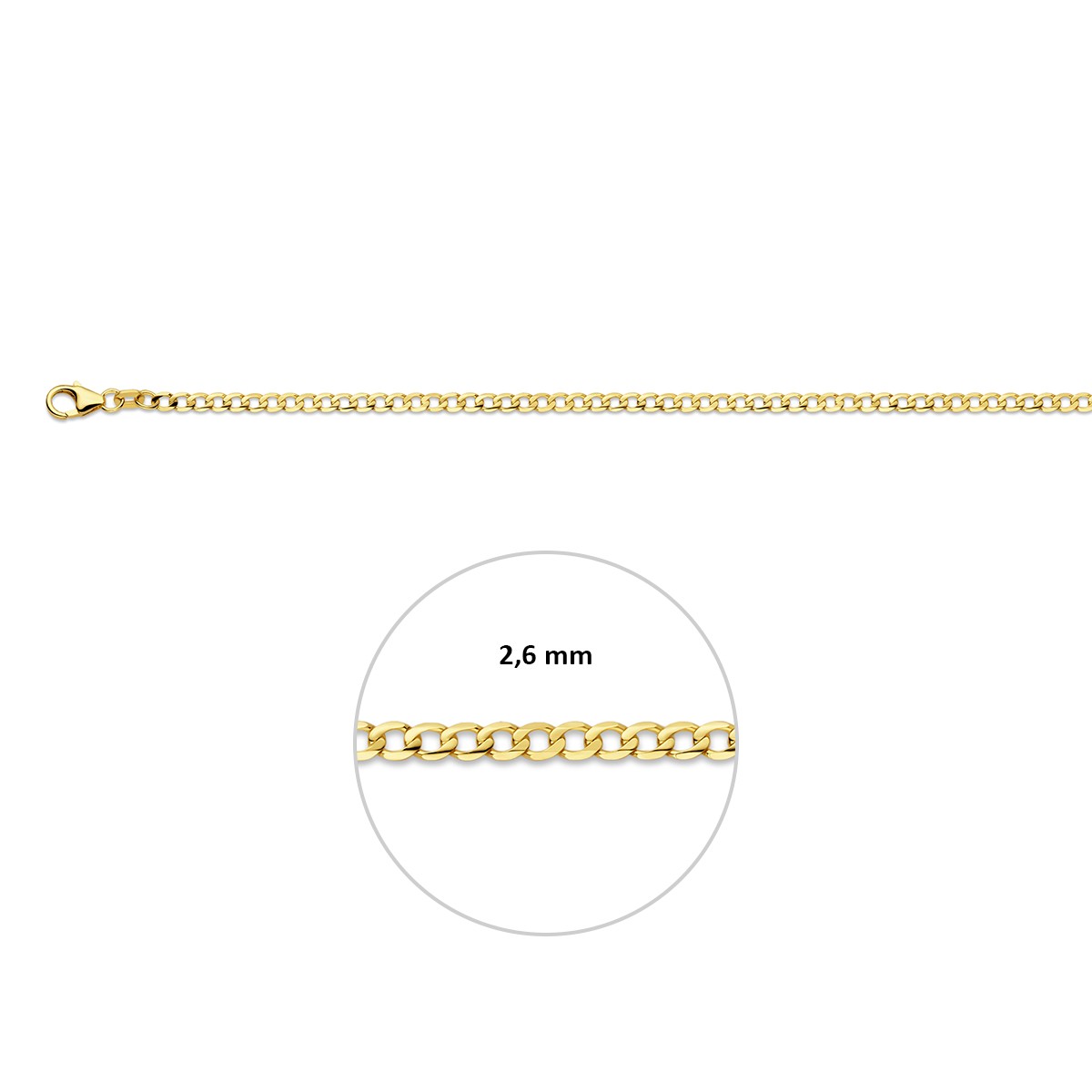 Collier gourmette wijd 6 zijdes geslepen 2,6 mm massief 14K geelgoud